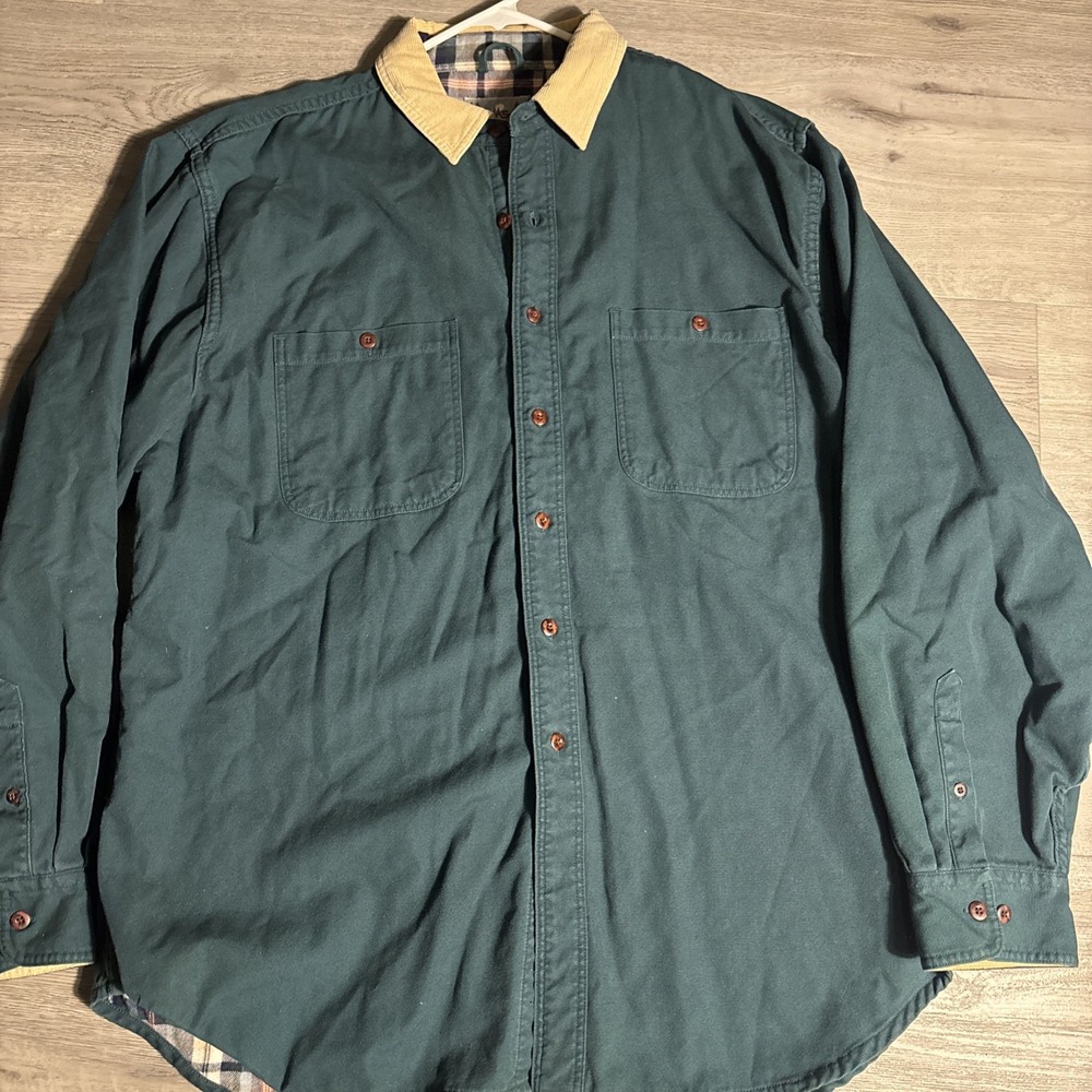 Vintage‎ EMS Flannel Lined Shirt Jacket XL Green Corduroy Collar